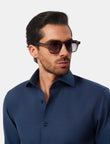 Pelham Admiral Heather Easy-Iron Twill Shirt - navy heather twill worn view - OTAA