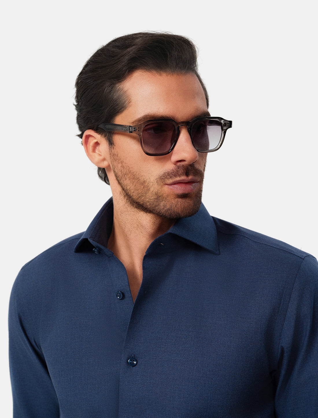 Pelham Admiral Heather Easy-Iron Twill Shirt - navy heather twill worn view - OTAA