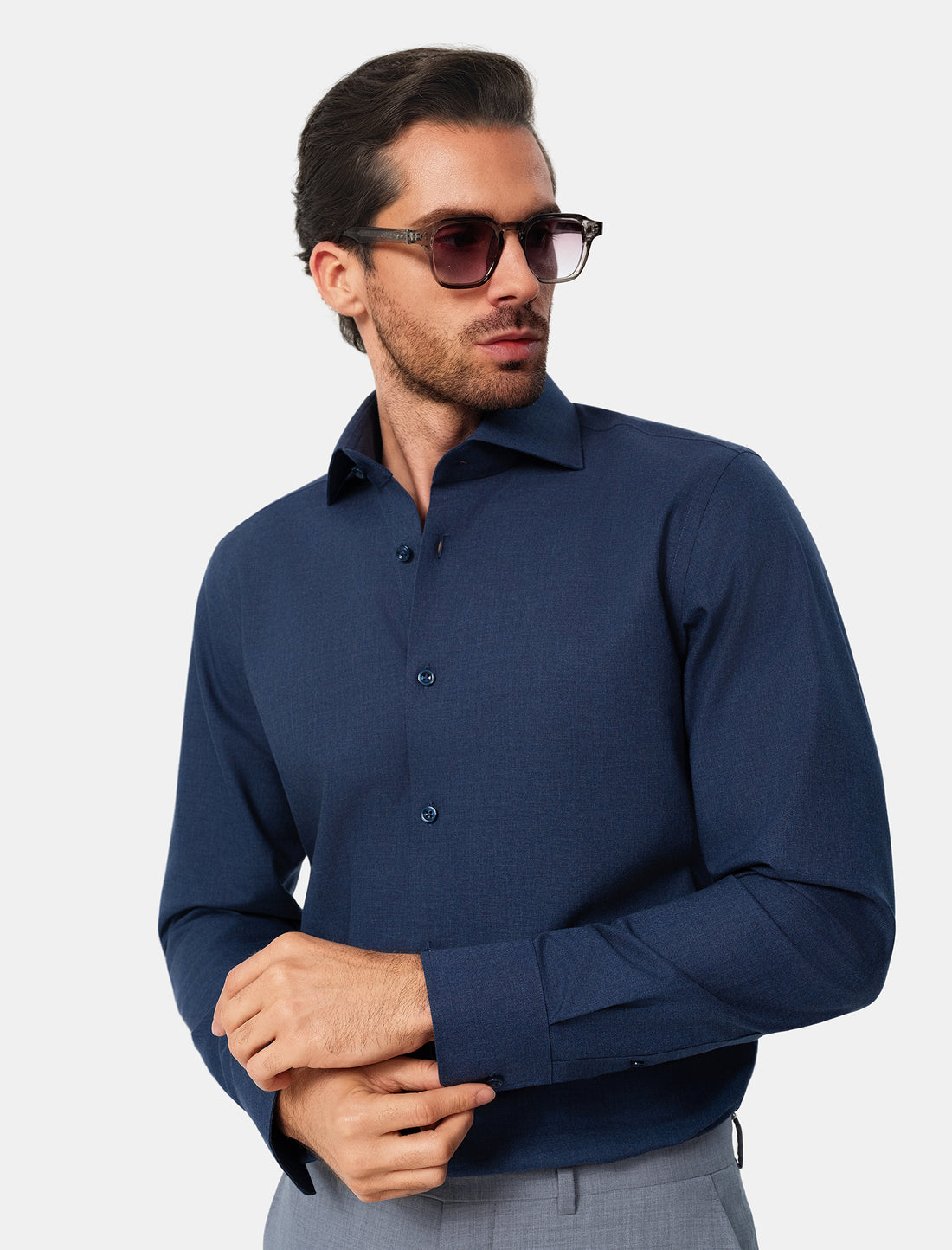 Pelham Admiral Heather Easy-Iron Twill Shirt - navy heather styled detail - OTAA