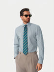 Henley Emerald Stripe Non-Iron Poplin Shirt - model detail, emerald stripe poplin - OTAA