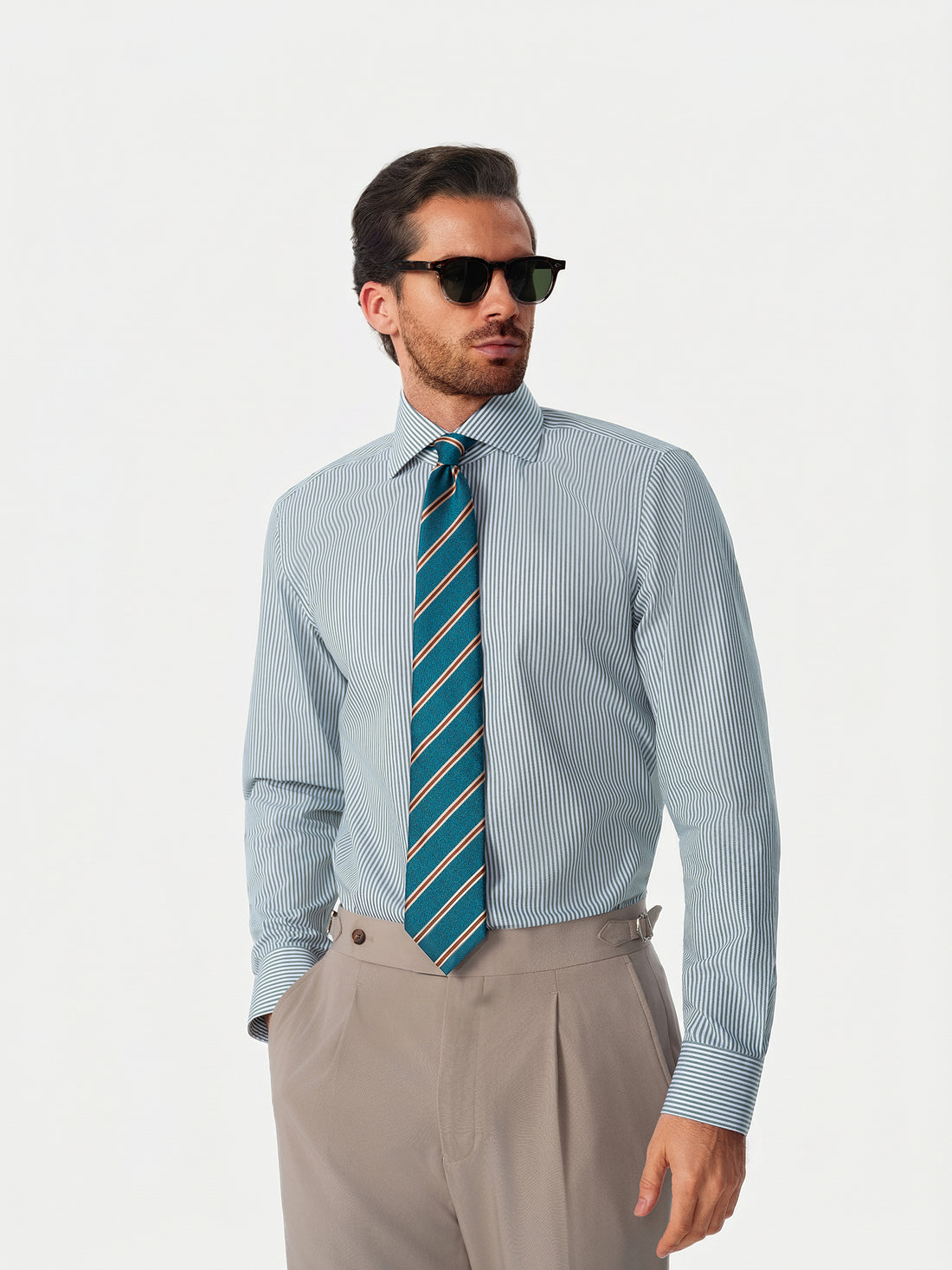 Henley Emerald Stripe Non-Iron Poplin Shirt - model detail, emerald stripe poplin - OTAA