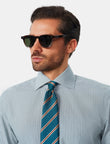 Henley Emerald Stripe Non-Iron Poplin Shirt - styled on model, emerald and ivory stripe - OTAA