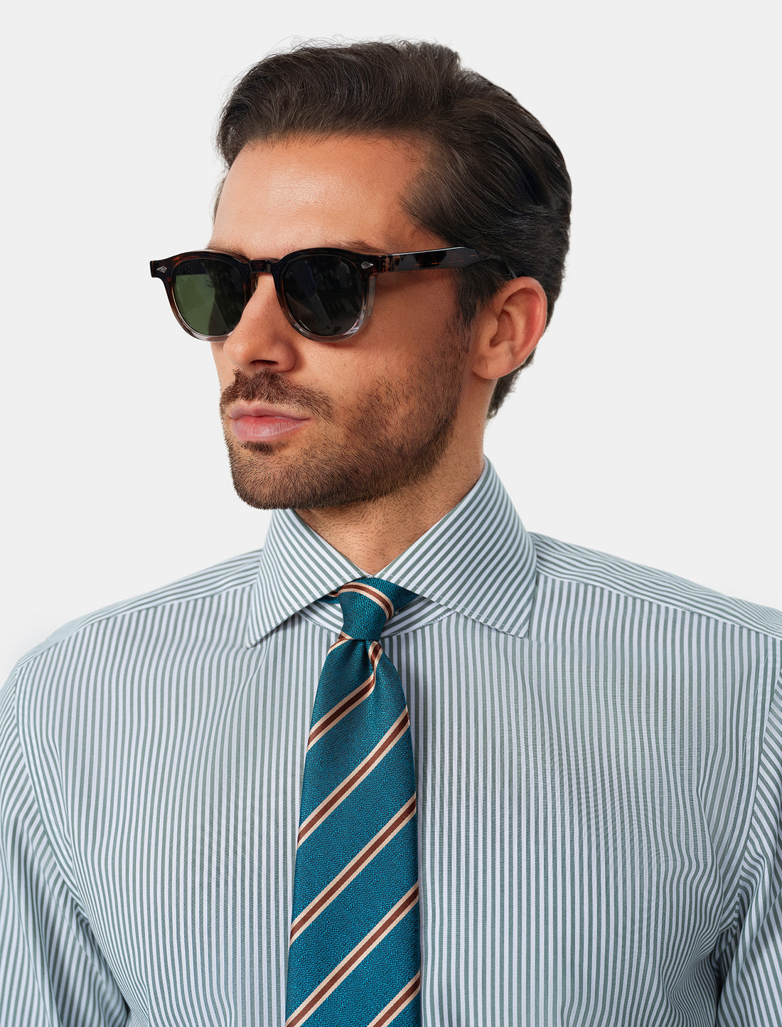 Henley Emerald Stripe Non-Iron Poplin Shirt - styled on model, emerald and ivory stripe - OTAA