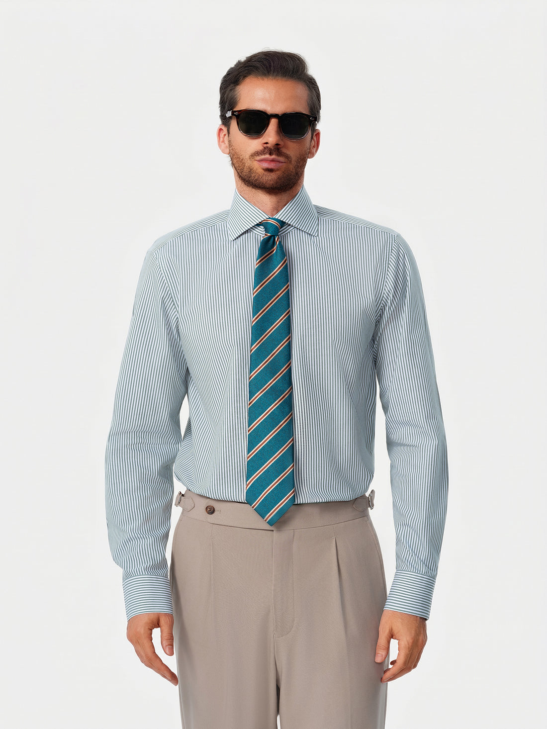Henley Emerald Stripe Non-Iron Poplin Shirt - emerald stripe styled detail - OTAA