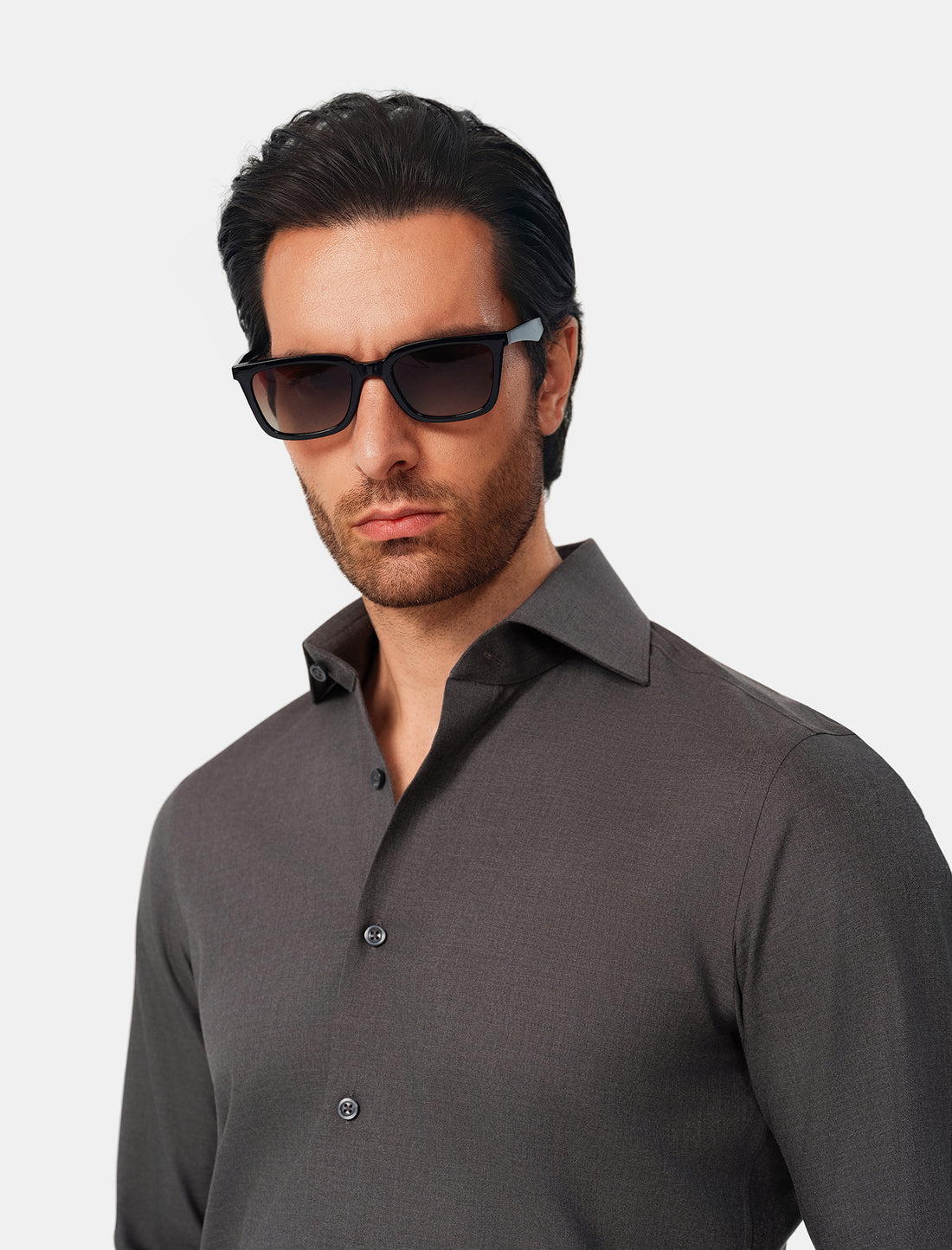 Blackwood Charcoal Heather Easy-Iron Twill Shirt - charcoal heather twill worn view - OTAA