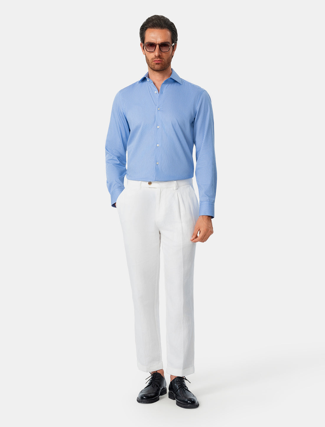 Beaumont Riviera Stripe Non-Iron Dobby Shirt - model wearing blue stripe shirt - OTAA