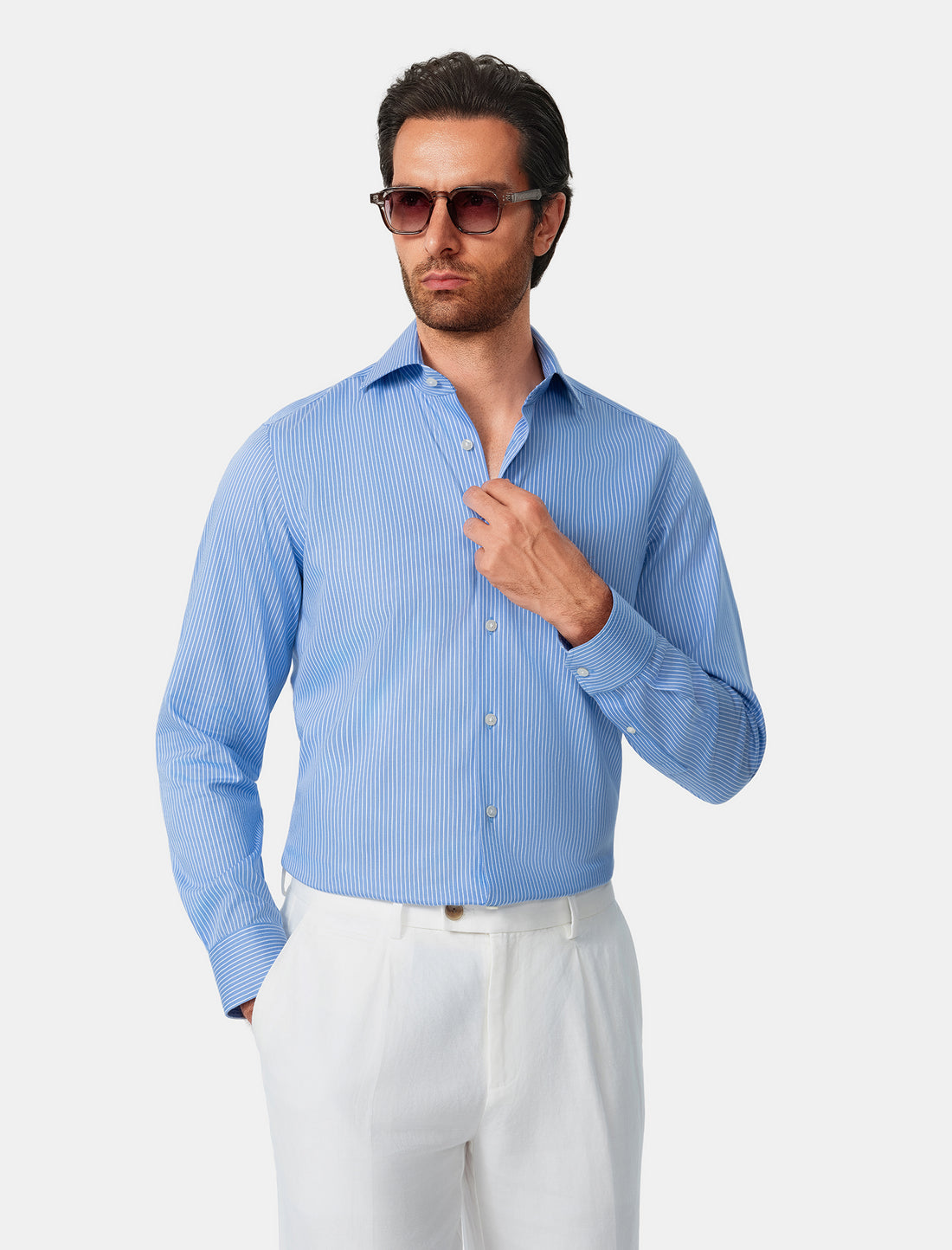 Beaumont Riviera Stripe Non-Iron Dobby Shirt - azure stripe dobby outfit view - OTAA