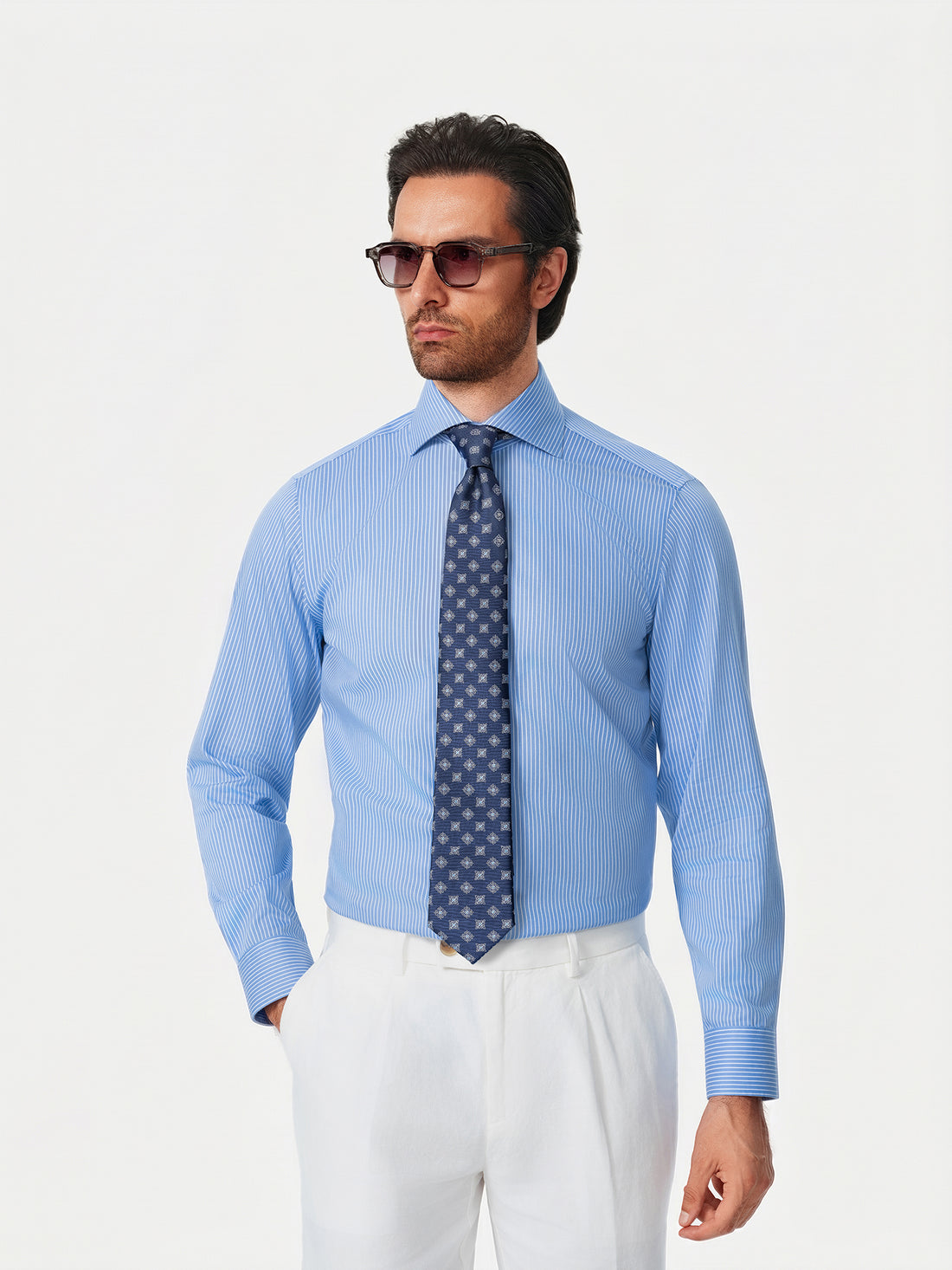 Beaumont Riviera Stripe Non-Iron Dobby Shirt - model detail, azure stripe dobby - OTAA