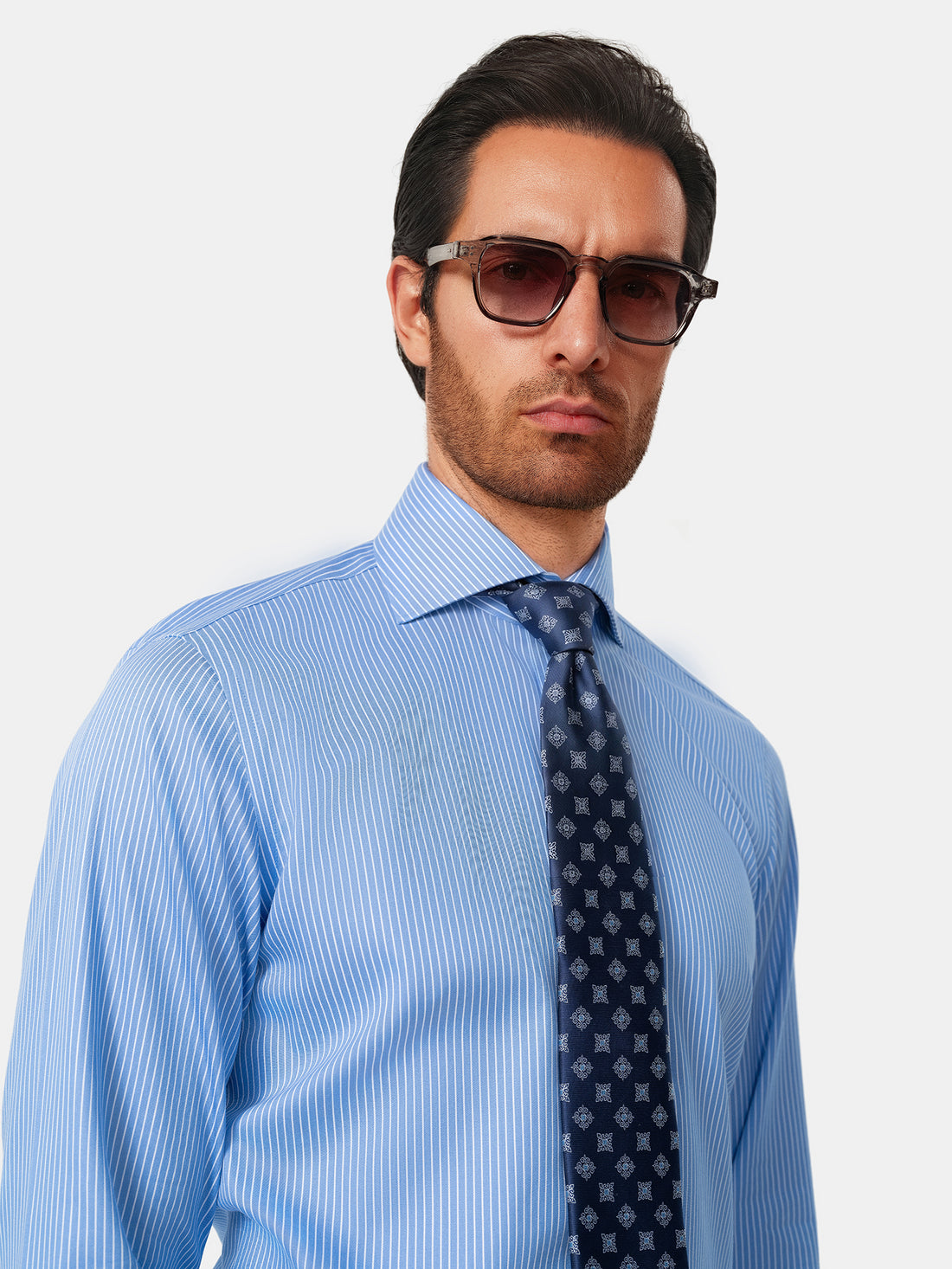 Beaumont Riviera Stripe Non-Iron Dobby Shirt - styled on model, azure and ivory stripe - OTAA