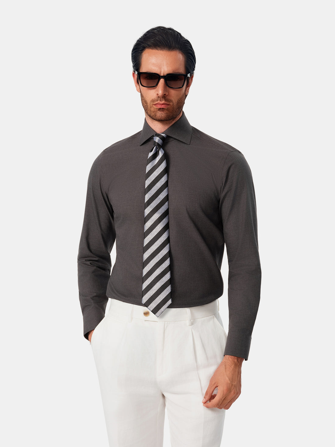 Blackwood Charcoal Heather Easy-Iron Twill Shirt - model detail, charcoal heather twill - OTAA