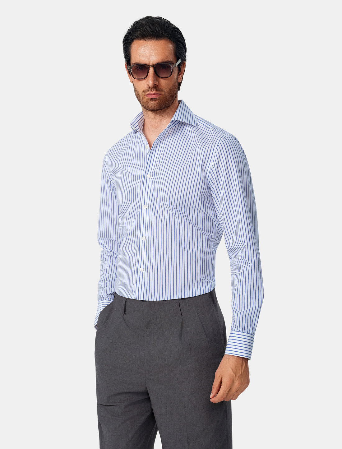 Paxton Sapphire Stripe Non-Iron Poplin Shirt - sapphire stripe styled outfit - OTAA