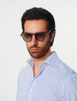 Paxton Sapphire Stripe Non-Iron Poplin Shirt - sapphire stripe worn detail - OTAA