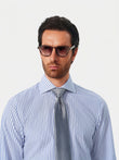 Paxton Sapphire Stripe Non-Iron Poplin Shirt - styled on model, sapphire and ivory stripe - OTAA