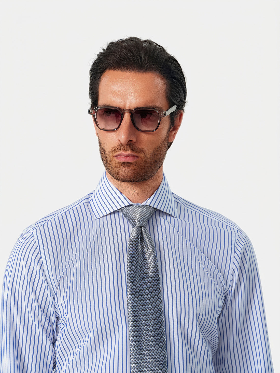 Paxton Sapphire Stripe Non-Iron Poplin Shirt - styled on model, sapphire and ivory stripe - OTAA