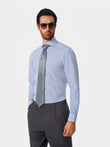 Paxton Sapphire Stripe Non-Iron Poplin Shirt - model detail, sapphire stripe poplin - OTAA