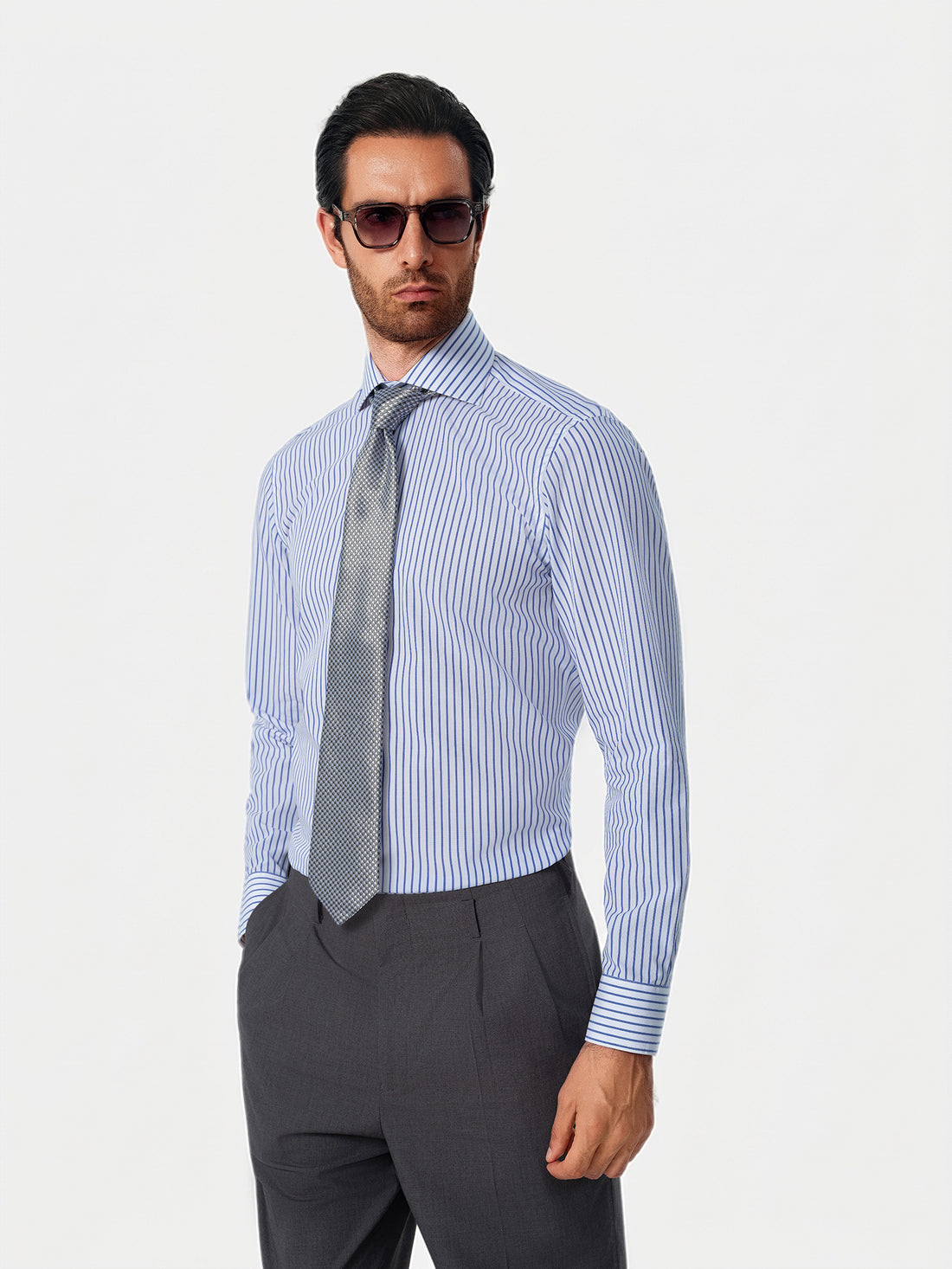 Paxton Sapphire Stripe Non-Iron Poplin Shirt - model detail, sapphire stripe poplin - OTAA