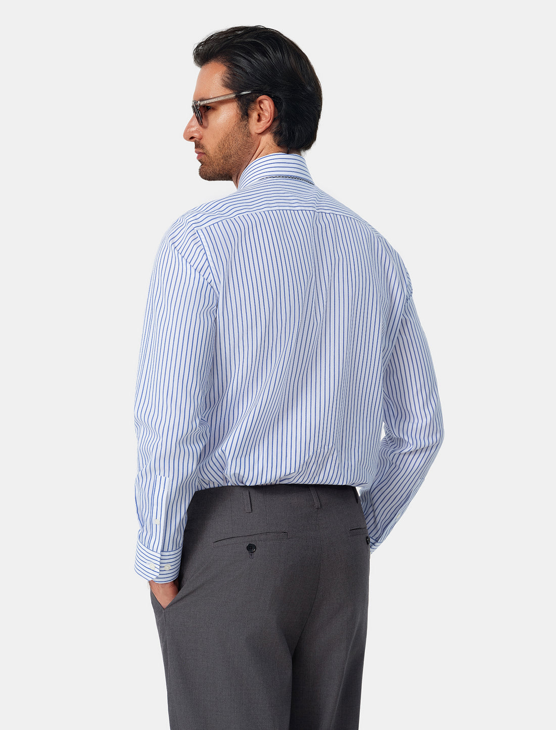 Paxton Sapphire Stripe Non-Iron Poplin Shirt - sapphire stripe shirt lifestyle - OTAA