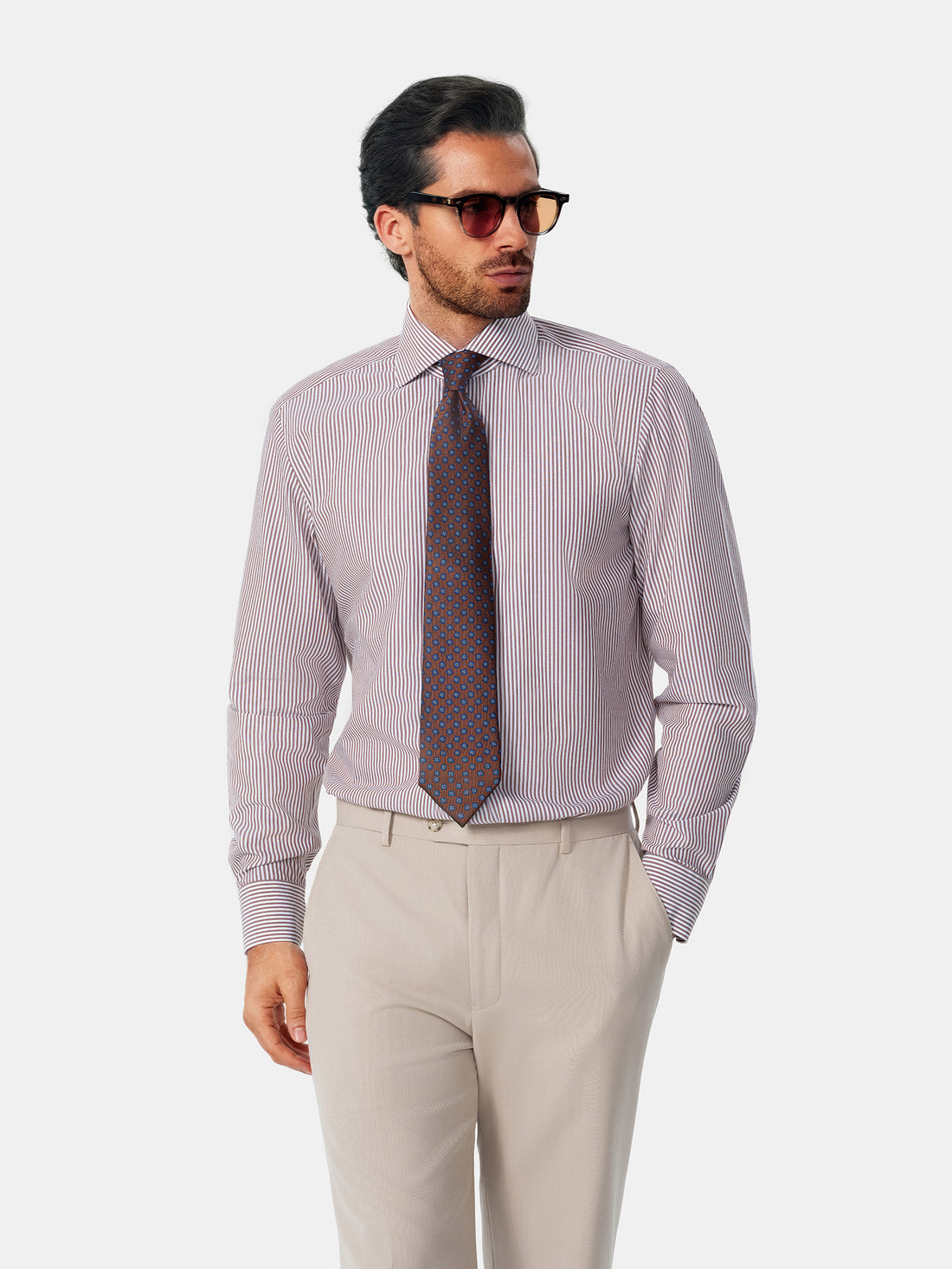 Hartwell Cognac Stripe Non-Iron Poplin Shirt - cognac stripe worn view - OTAA