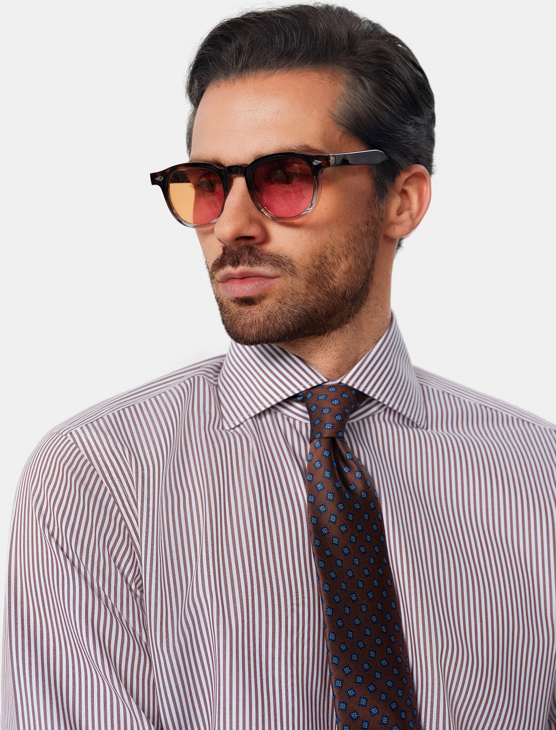 Hartwell Cognac Stripe Non-Iron Poplin Shirt - cognac stripe styled outfit - OTAA