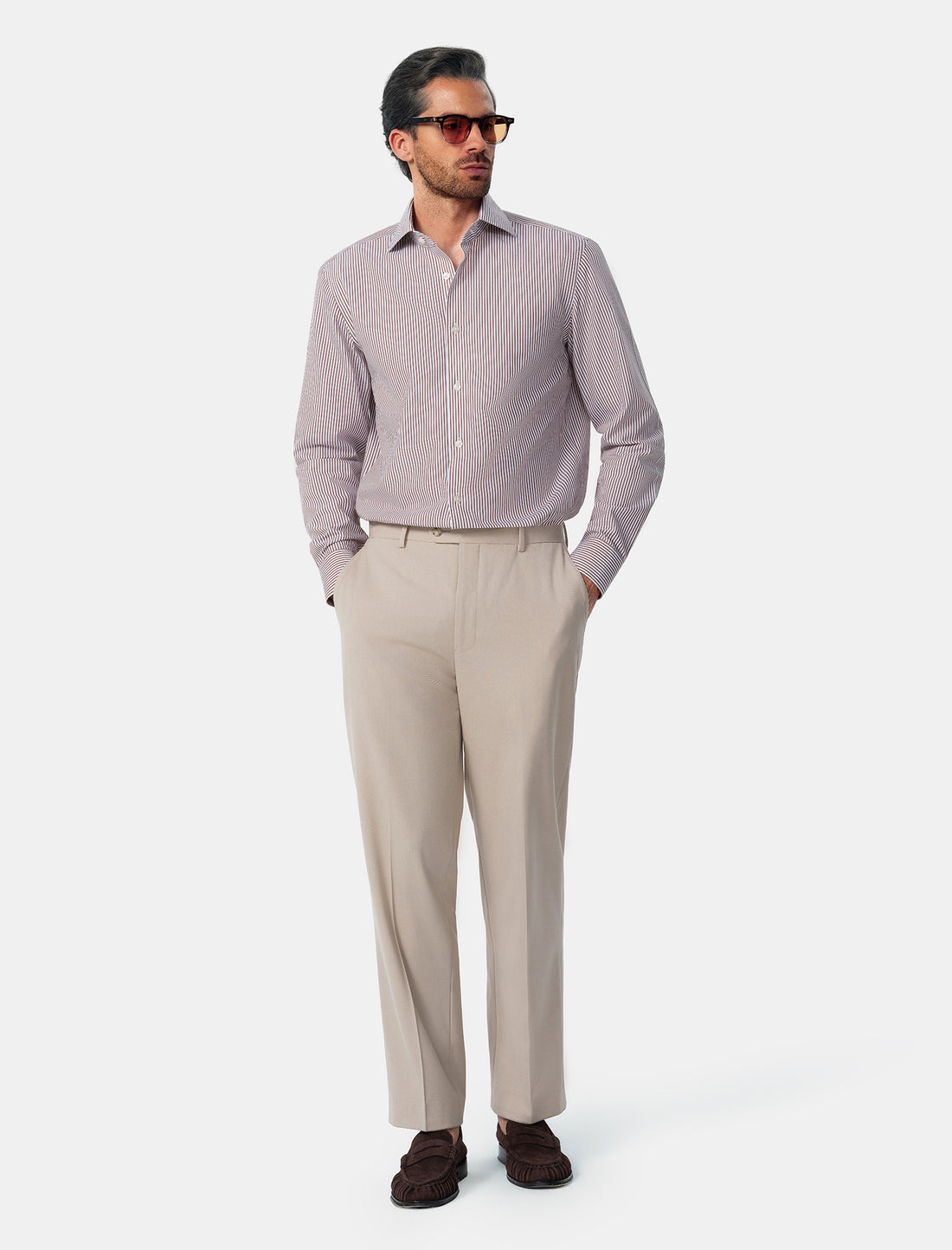 Hartwell Cognac Stripe Non-Iron Poplin Shirt - cognac stripe shirt lifestyle - OTAA