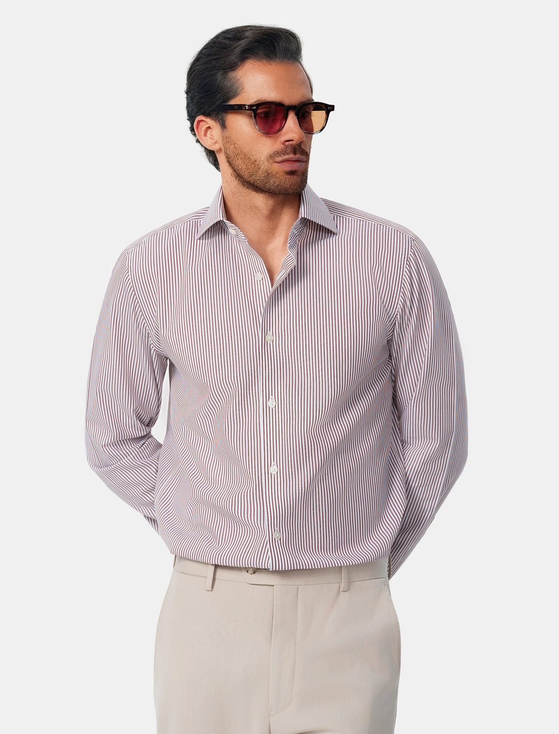 Hartwell Cognac Stripe Non-Iron Poplin Shirt - cognac stripe poplin outfit view - OTAA