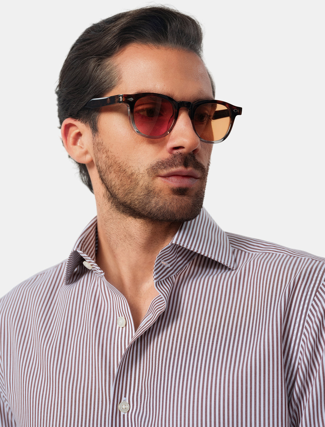 Hartwell Cognac Stripe Non-Iron Poplin Shirt - cognac stripe worn detail - OTAA