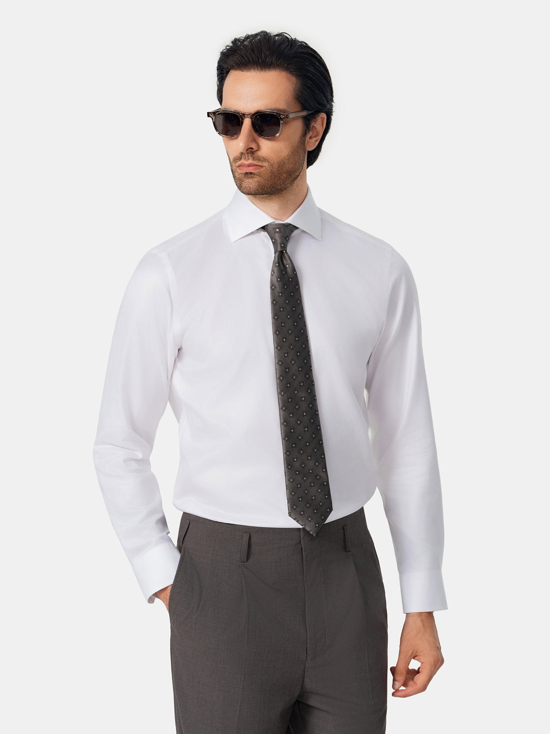 Windsor Royal White Non-Iron Dobby Shirt - white dobby weave worn view - OTAA