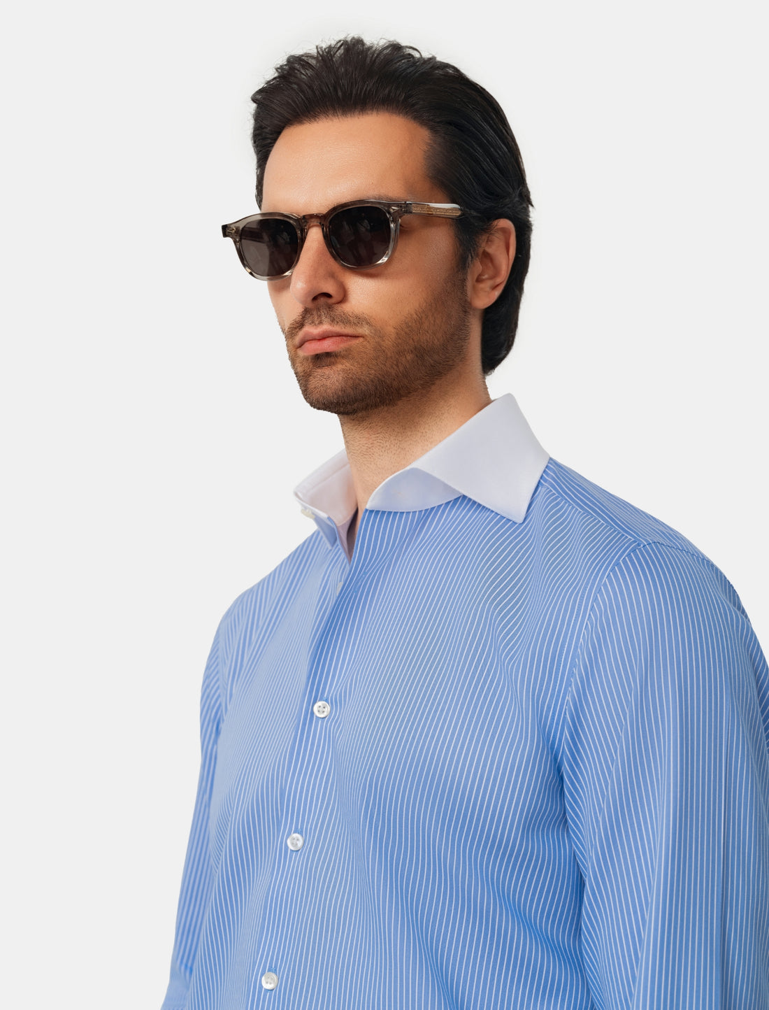 Beaufort Riviera French Cuff Non-Iron Dobby Shirt - azure stripe worn detail - OTAA