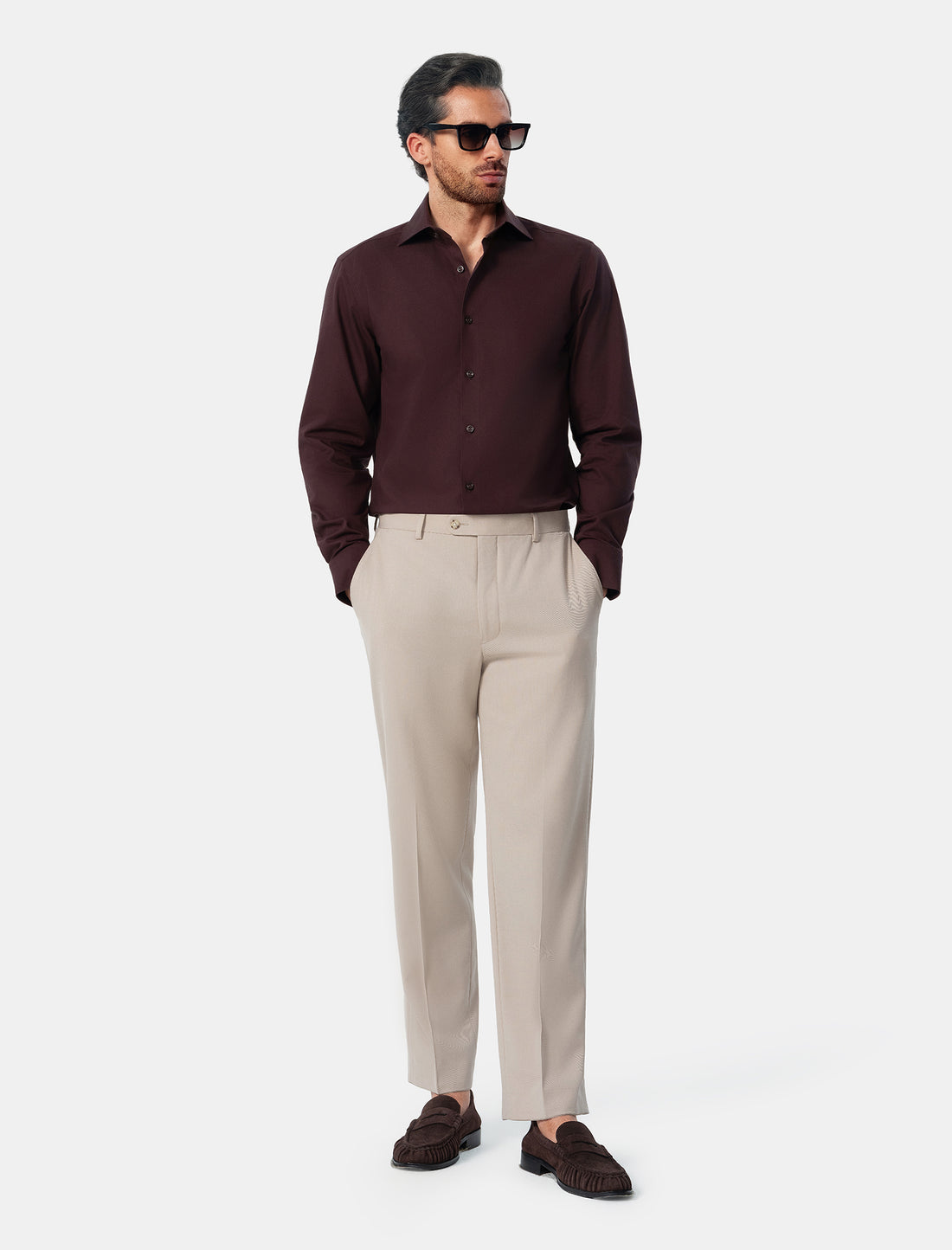 Carlisle Espresso Non-Iron Oxford Shirt - model detail, espresso oxford weave - OTAA