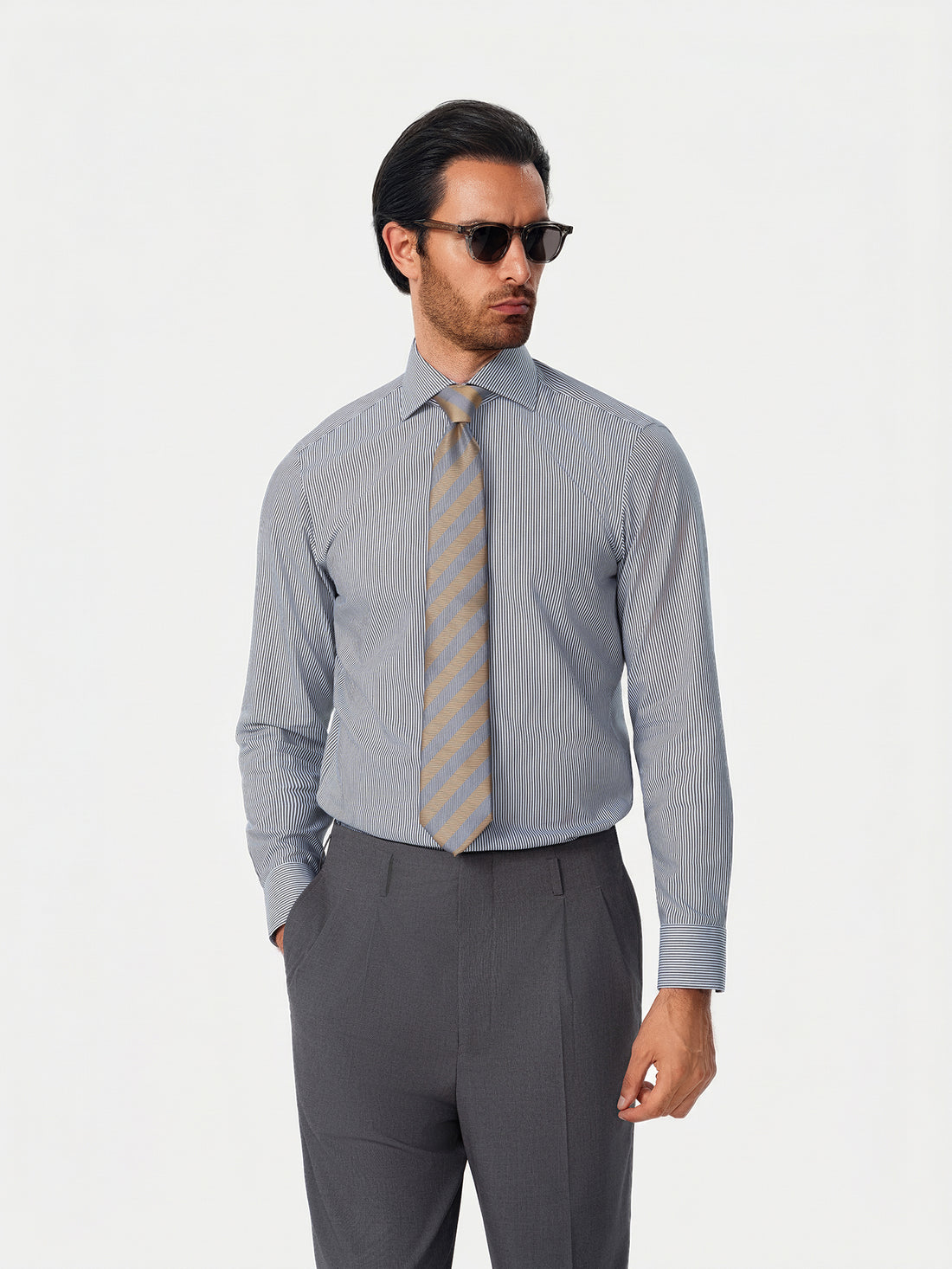 Pemberton Onyx Stripe Easy-Iron Twill Shirt - model detail, fine onyx stripe twill - OTAA