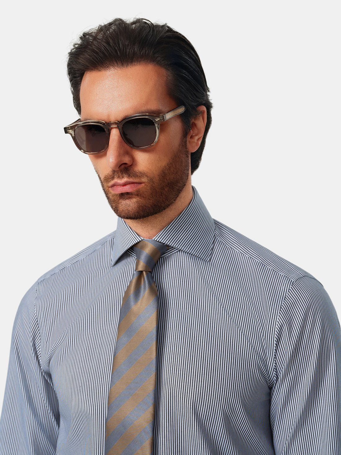 Pemberton Onyx Stripe Easy-Iron Twill Shirt - styled on model, onyx and ivory stripe - OTAA