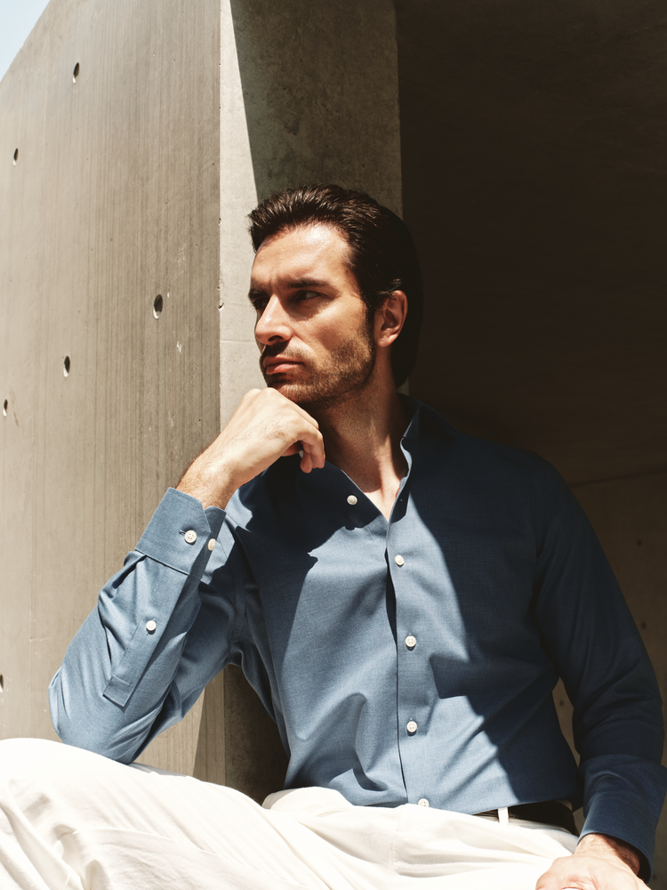 Man in an OTAA non-iron shirt, unbothered