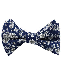 Aomori Navy Blue White Floral Self Bow Tie Folded Up