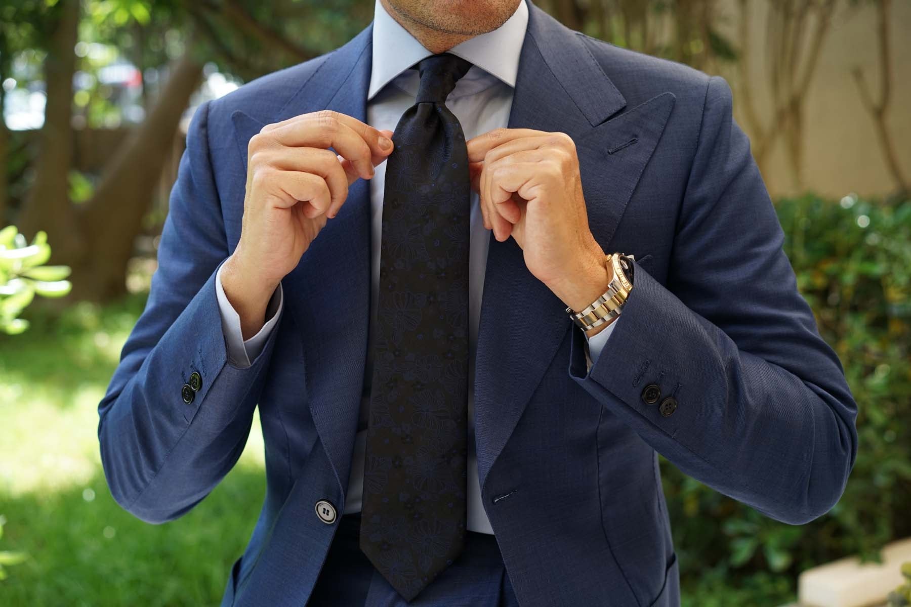 Asagao Midnight Blue-Black Floral Necktie | Men's Business Casual Ties ...