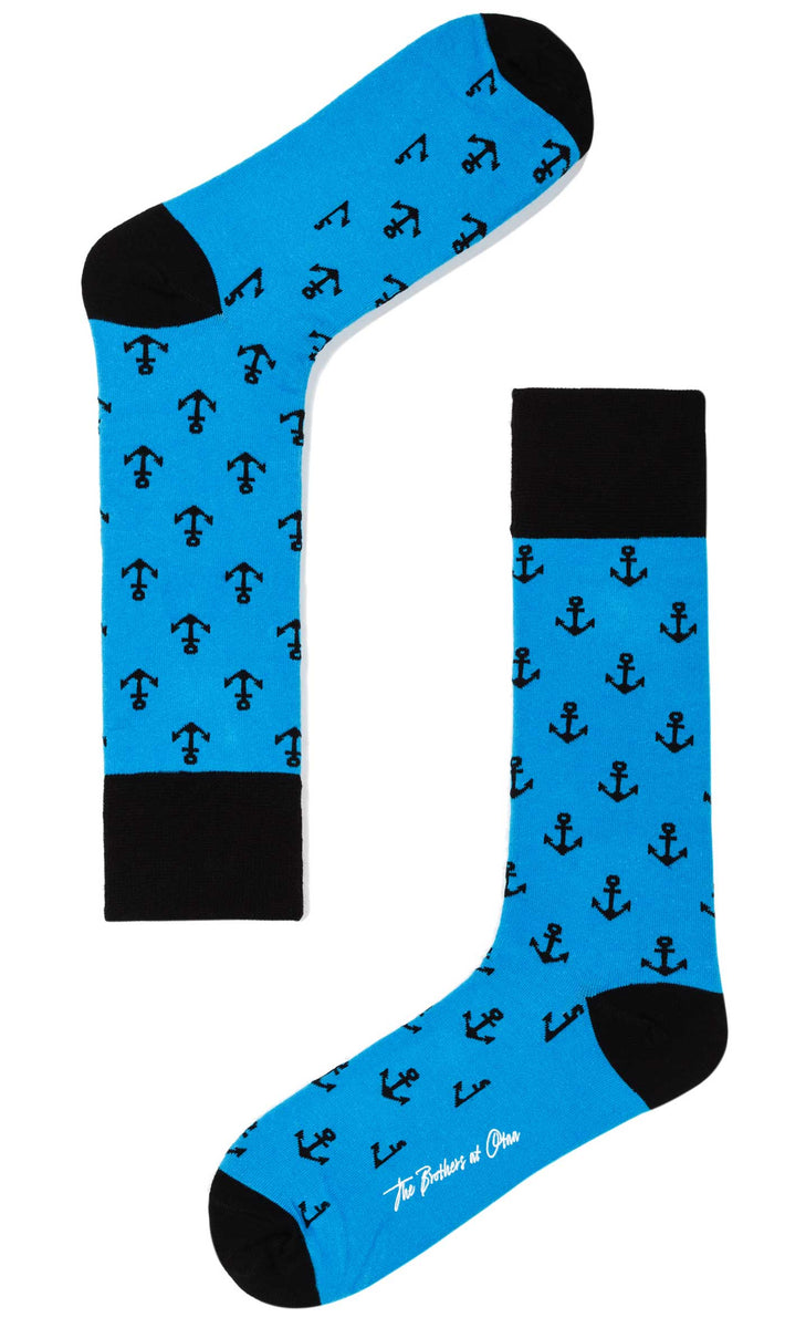 Azure Blue Anchor Socks | Mens Happy Socks | Sailor Cotton Crew Sock | OTAA