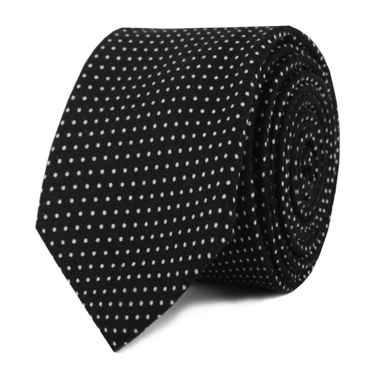 Black Cotton with Mini White Polka Dots Skinny Tie Front Roll
