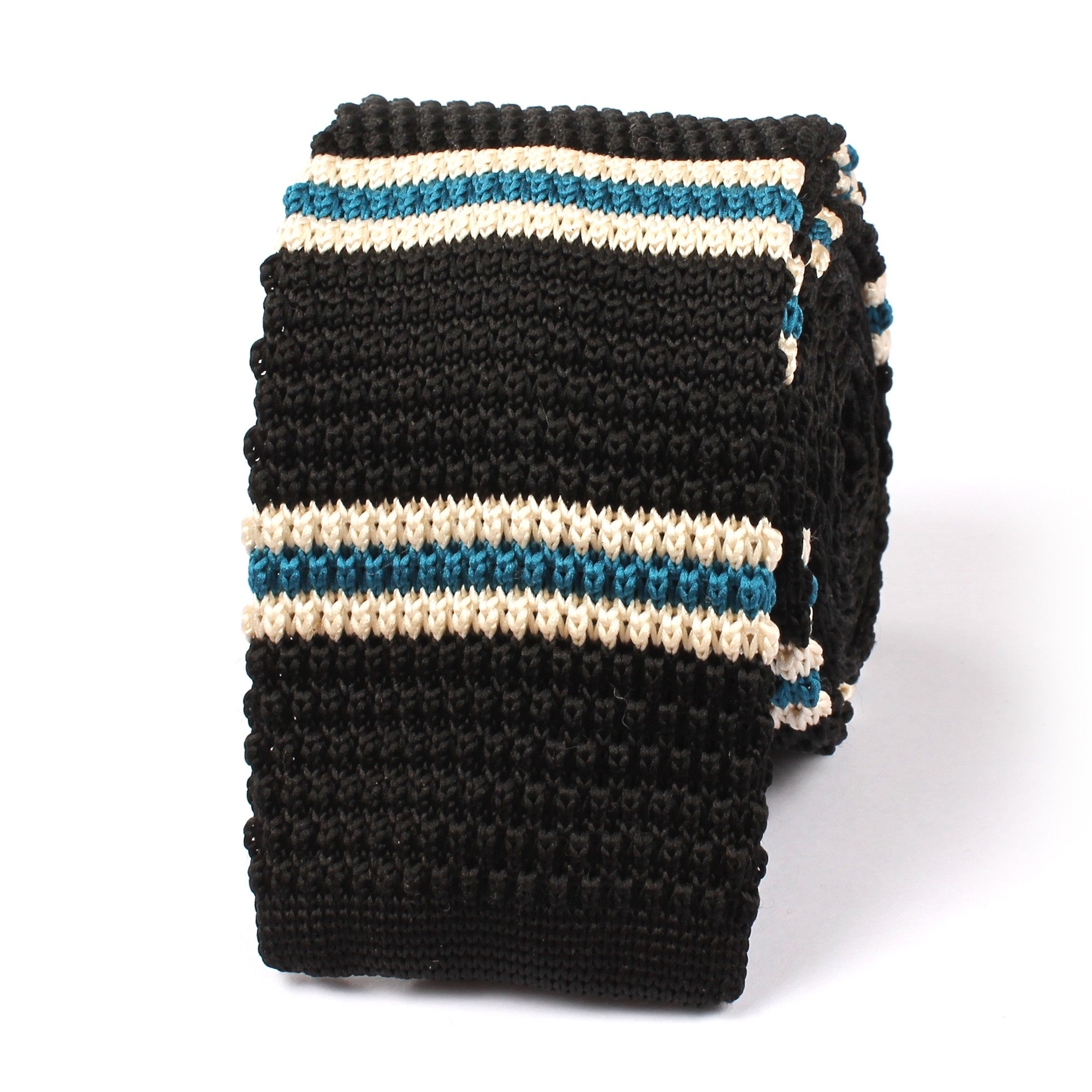 Black Knitted Tie with White & Blue Teal Stripes