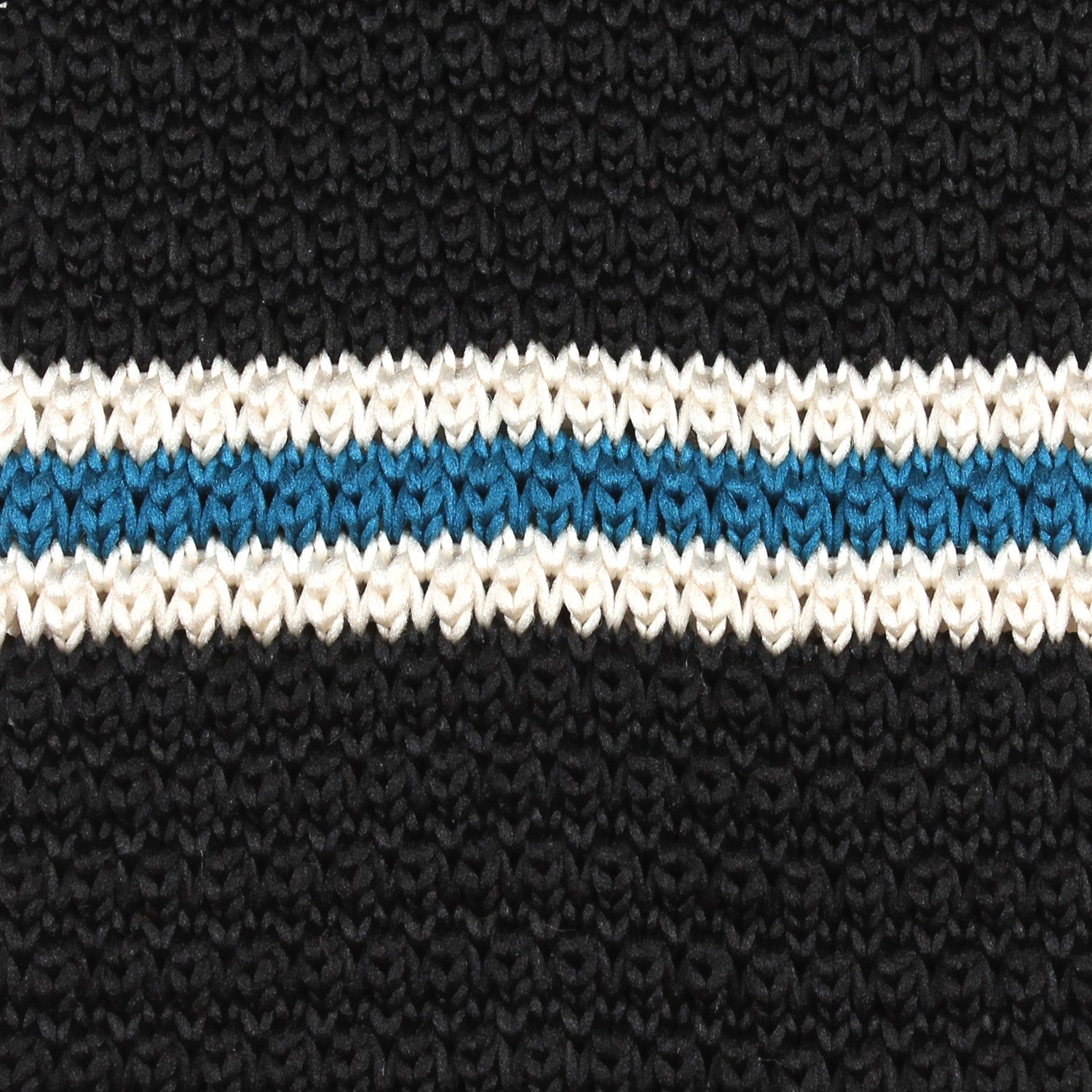 Black Knitted Tie with White & Blue Teal Stripes Detail View