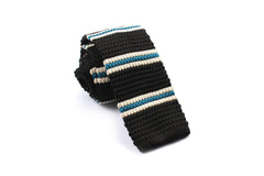 Black Knitted Tie with White & Blue Teal Stripes OTAA