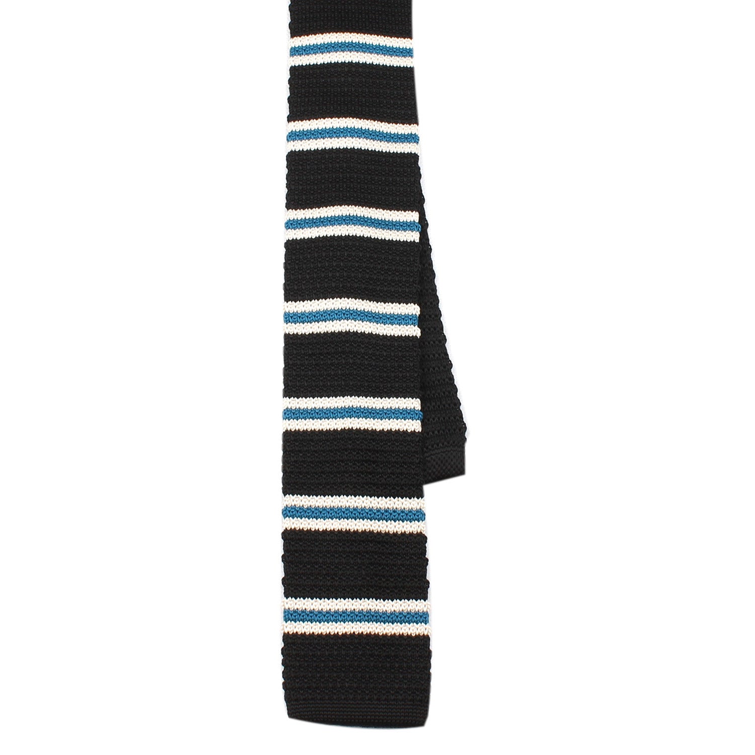 Black Knitted Tie with White & Blue Teal Stripes  Shape View