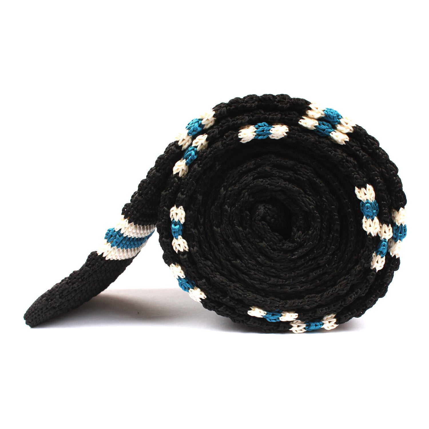 Black Knitted Tie with White & Blue Teal Stripes Side Roll