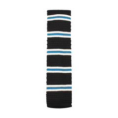 Black Knitted Tie with White & Blue Teal Stripes Vertical View
