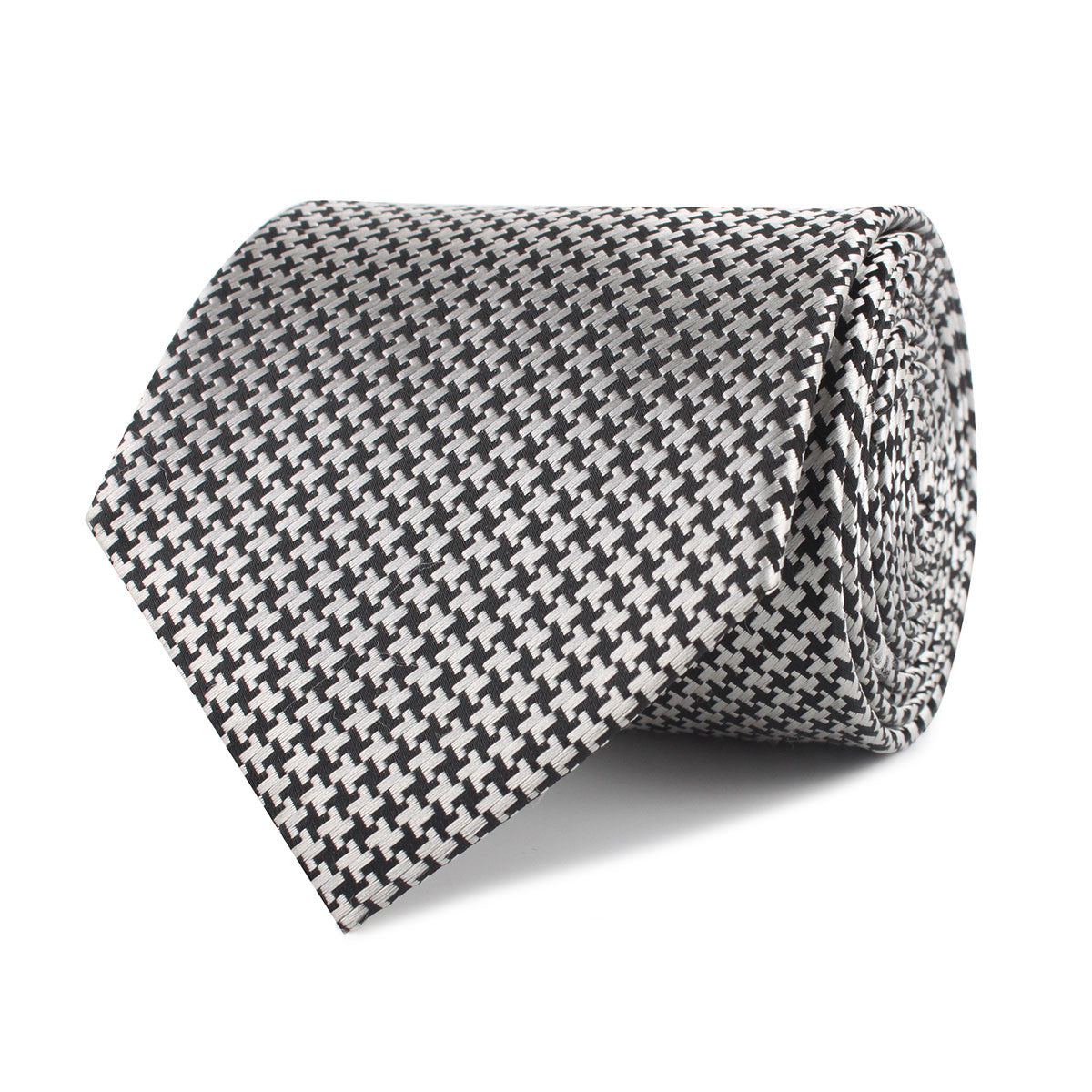Black & Silver Houndstooth Pattern Necktie Front Roll
