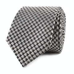 Black & Silver Houndstooth Pattern Skinny Tie Front Roll