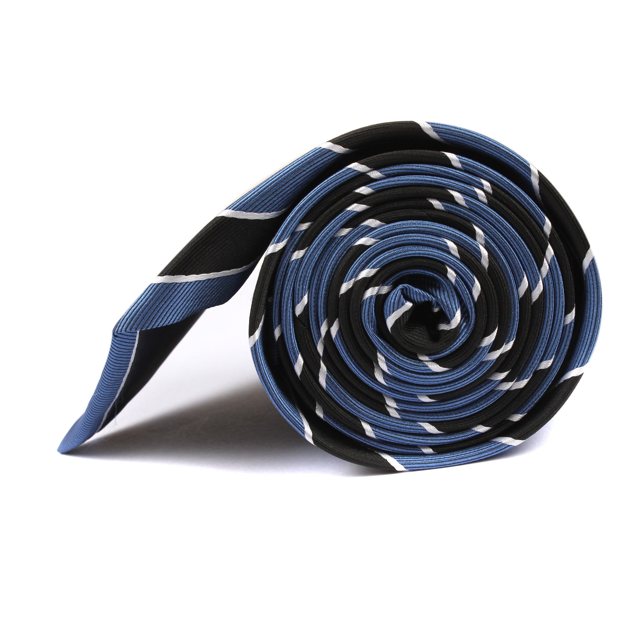 Black White Blue Striped Tie Side View