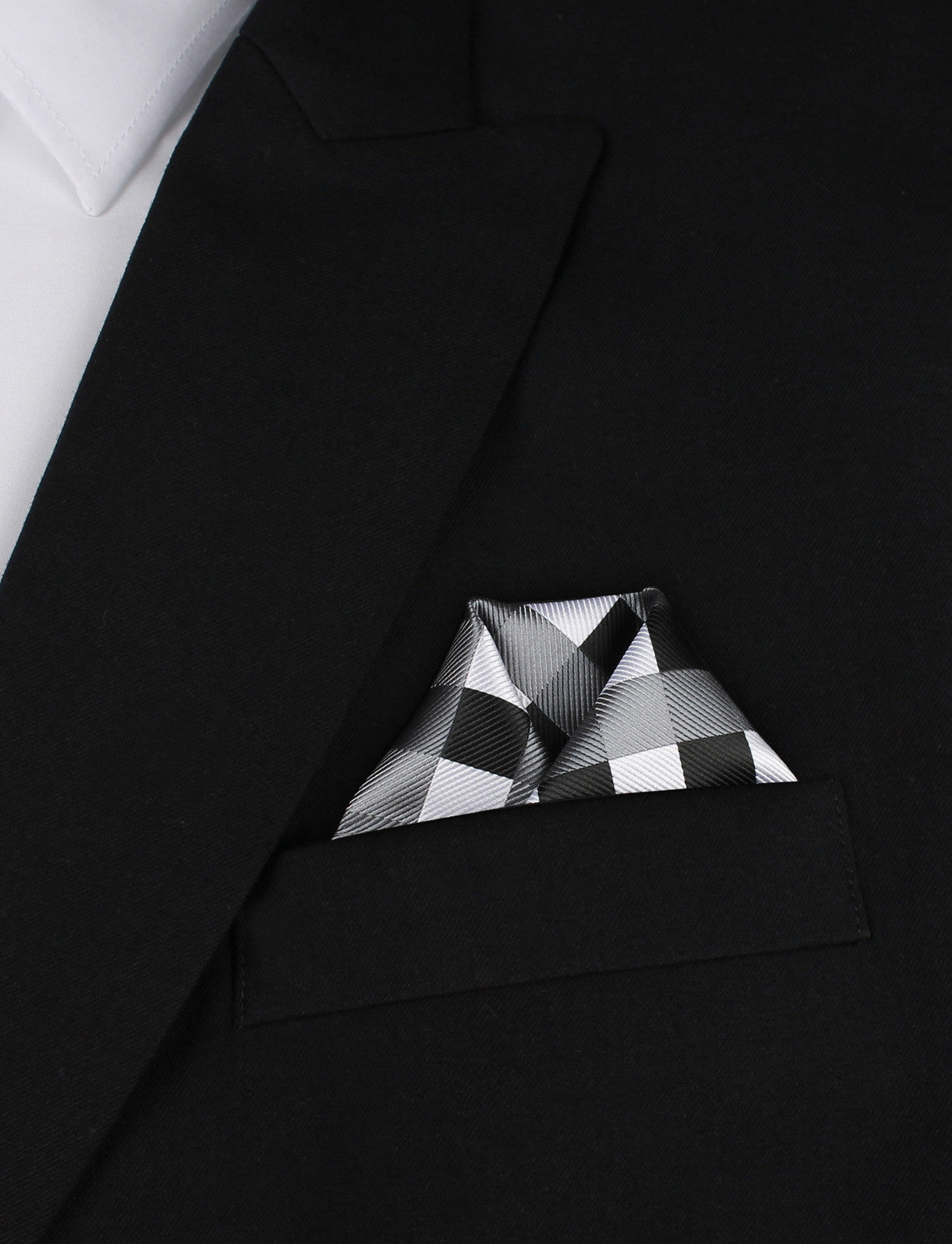 Black White Grey Checkered - Winged Puff Pocket Square Fold