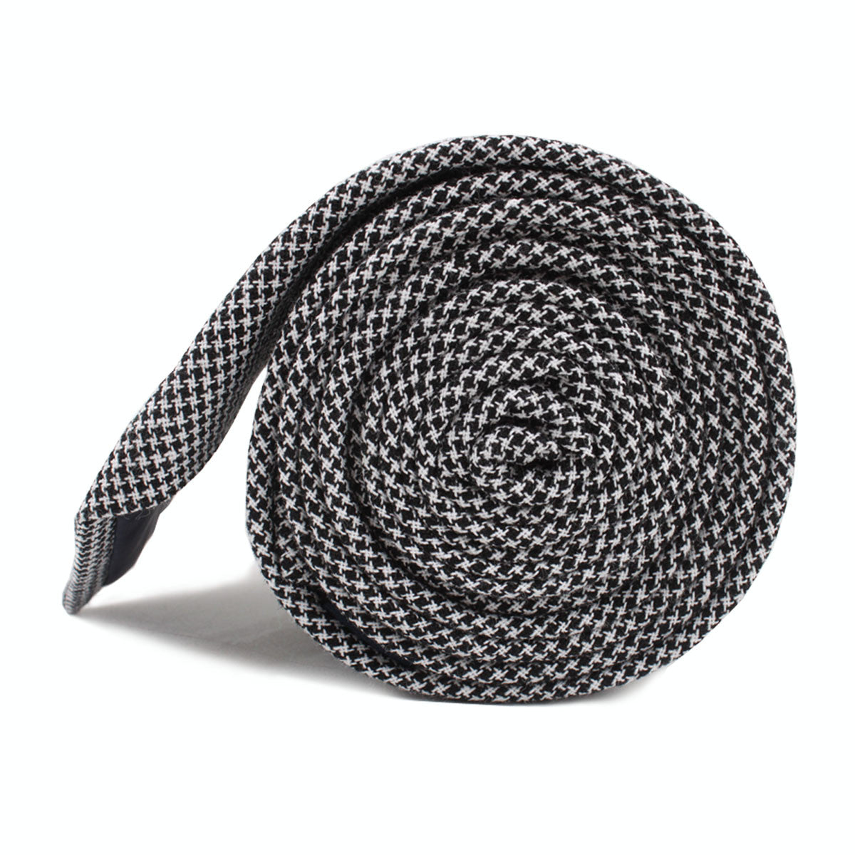 Black & White Houndstooth Cotton Skinny Tie Side Roll