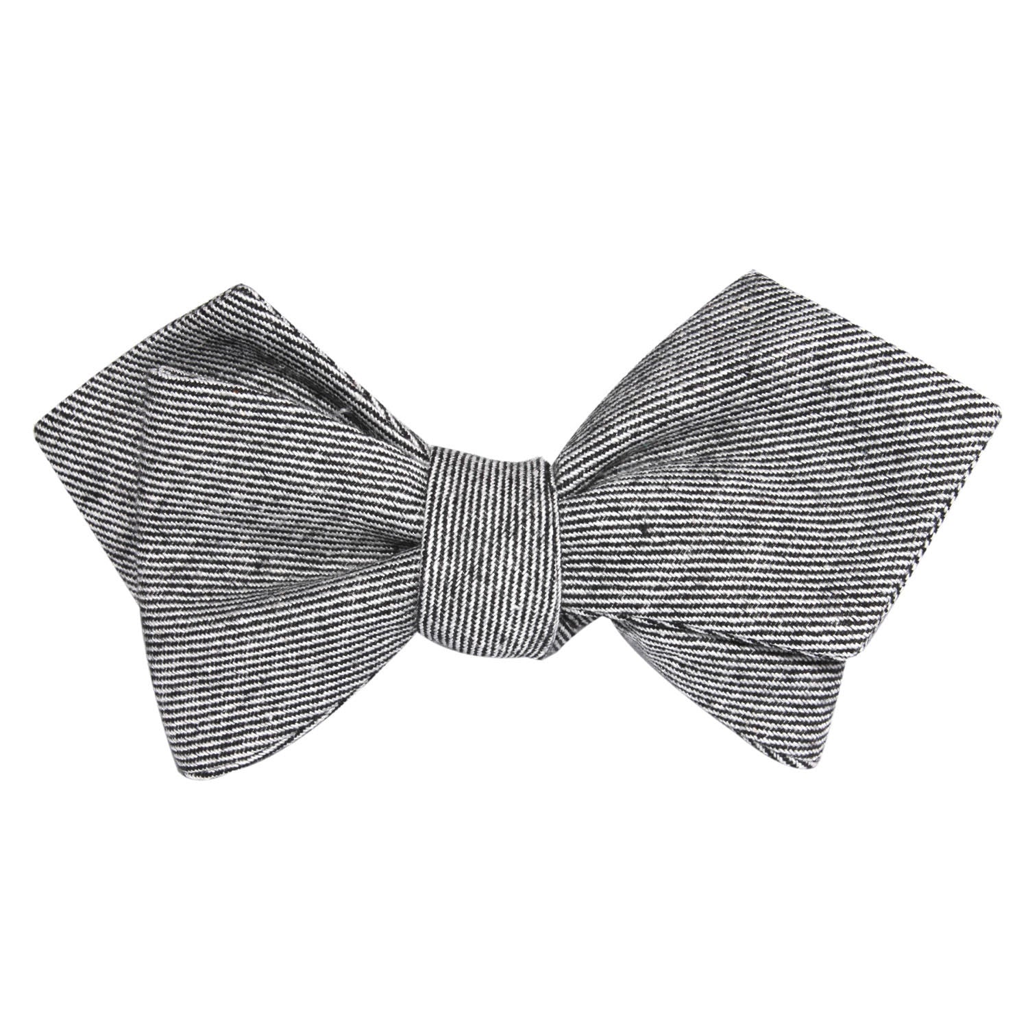 Black White Twill Stripe Linen Self Tie Diamond Tip Bow Tie 1