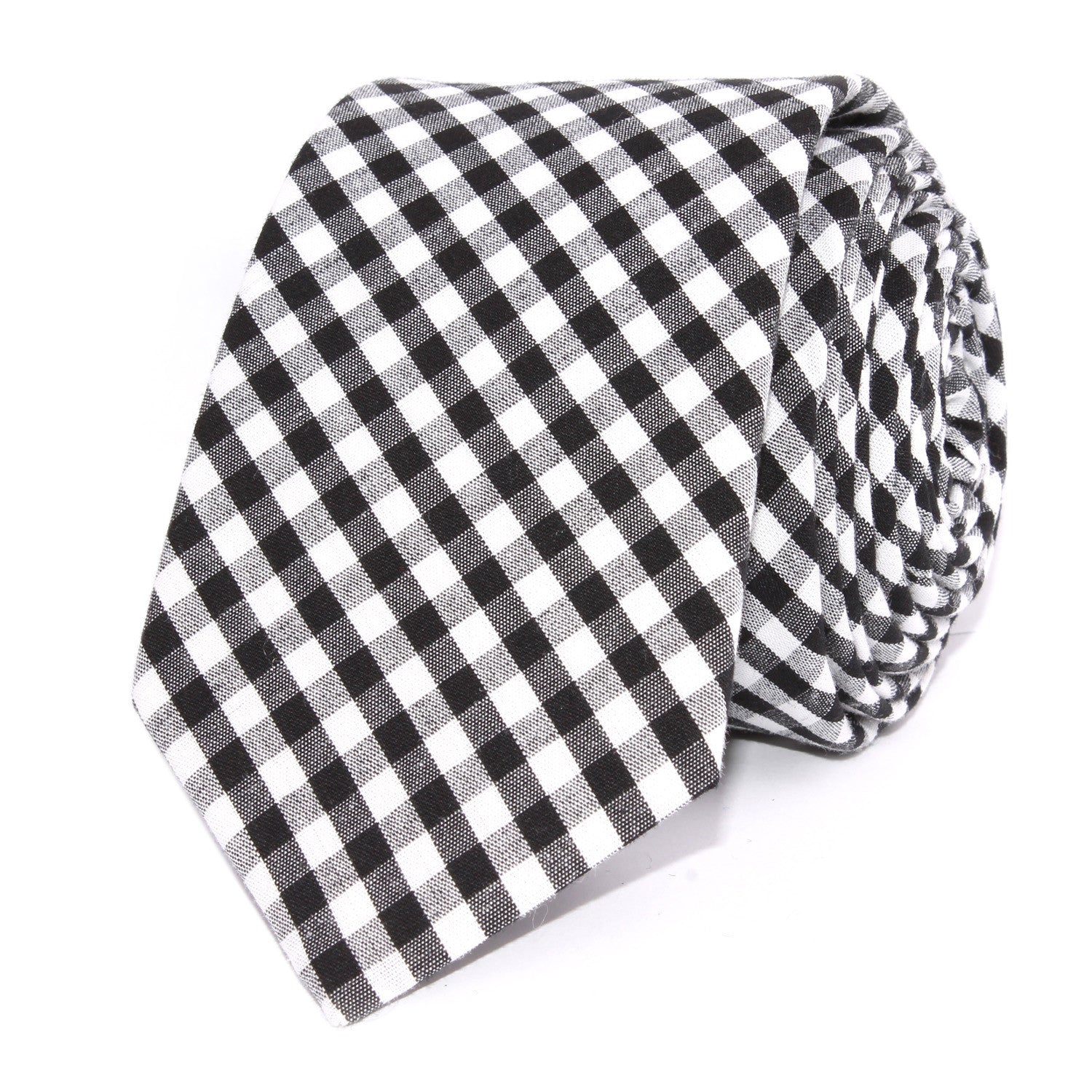 Black and White Gingham Cotton Skinny Tie Front