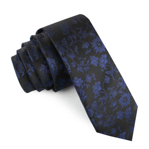 Navy Blue on Black Vine Floral Skinny Tie